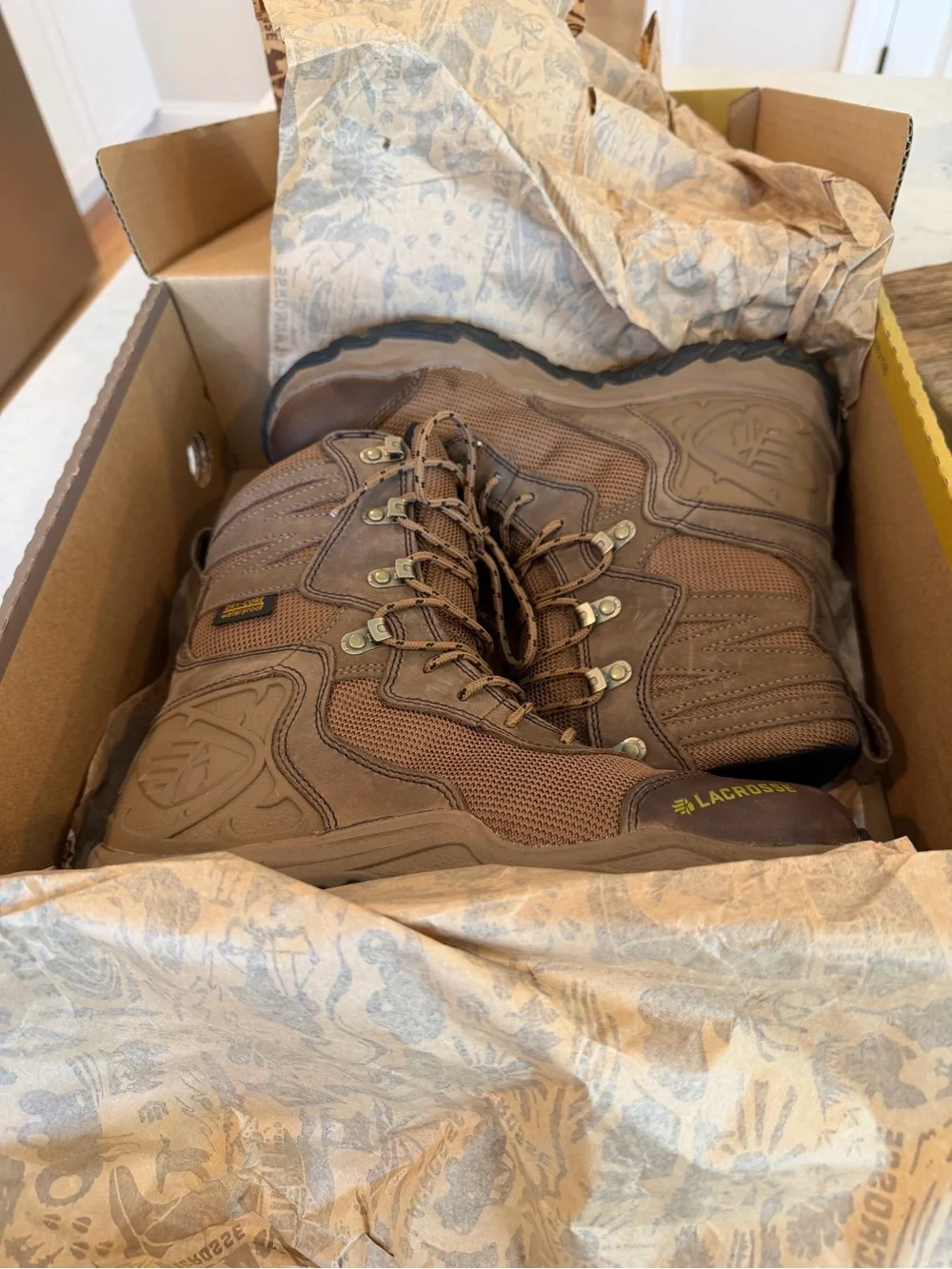 LaCrosse Brown Men's Lace-Up Waterproof Hunting Boots with Yellow Logo